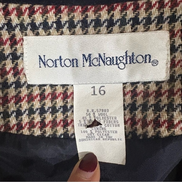 Vtg Norton McNaughton Womens 16 Black White Red Houndstooth Blazer Jacket Velvet - Picture 2 of 11